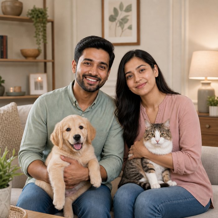 Pet parents with their dog and cat, another of WOOP's core audiences