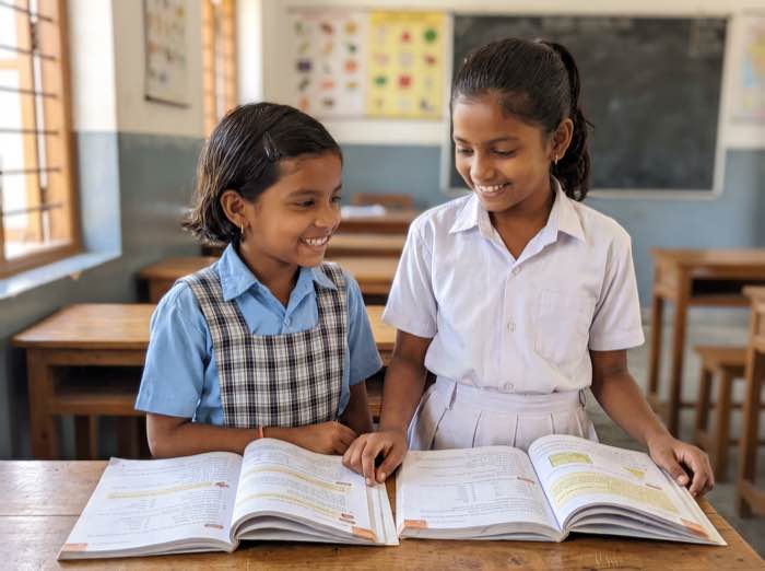 Two schoolgirls in India holding their books, one wearing a school uniform, smiling in their classroom